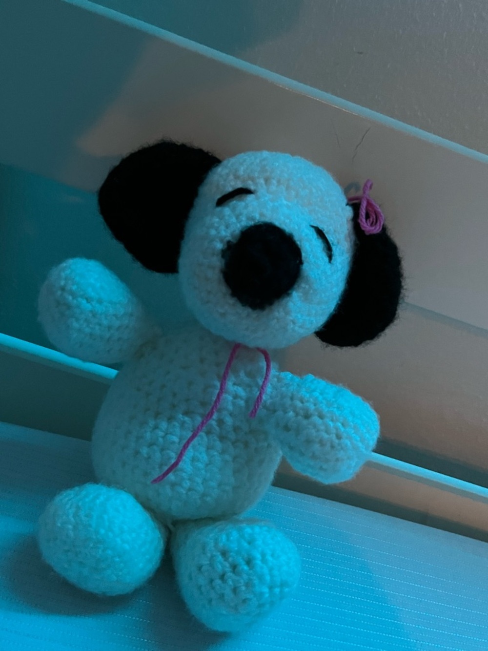 Handmade Crochet Puppy Plush in White and Black with Pink Accents